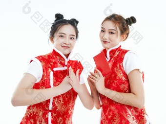 白色背景下身穿喜庆服饰的中<strong>国</strong>可爱少女