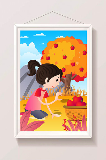 节日节气立秋丰收女孩收苹果插画图片