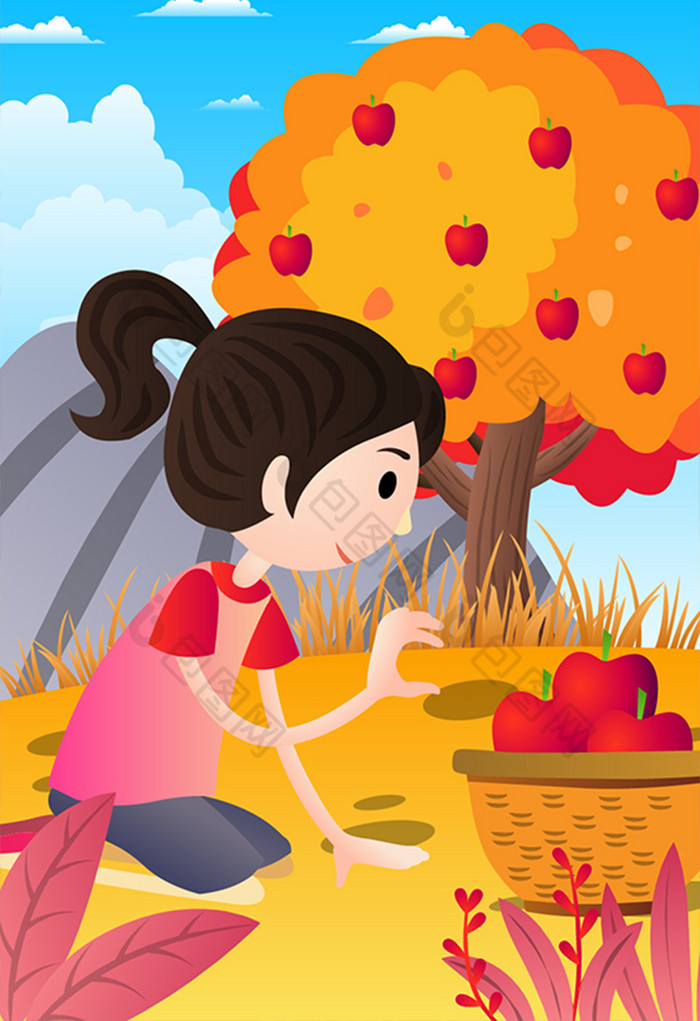 节日节气立秋丰收女孩收苹果插画图片