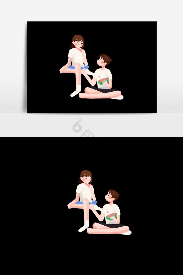 吃西瓜的情侣插画图片