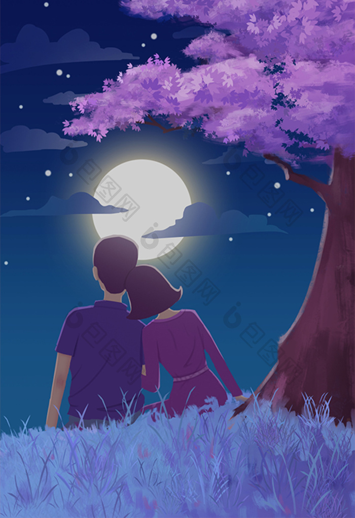 七夕情人节依偎赏月插画图片
