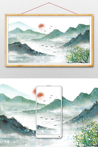 中国风绿色小清新水墨山水背景插画图片