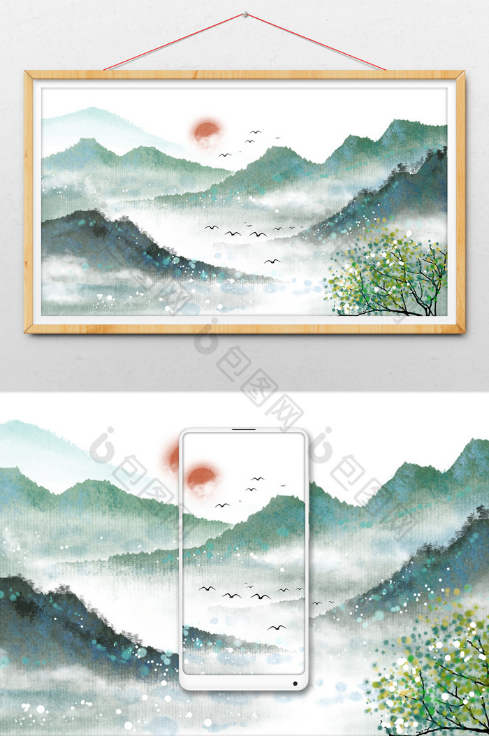 中国风绿色小清新水墨山水背景插画