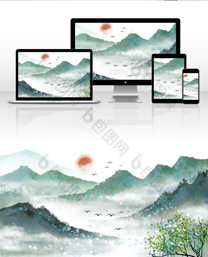 中国风绿色小清新水墨山水背景插画