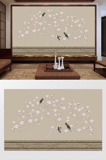 中式意境简约粉色玉兰花枝鹦鹉时尚软包背景图片