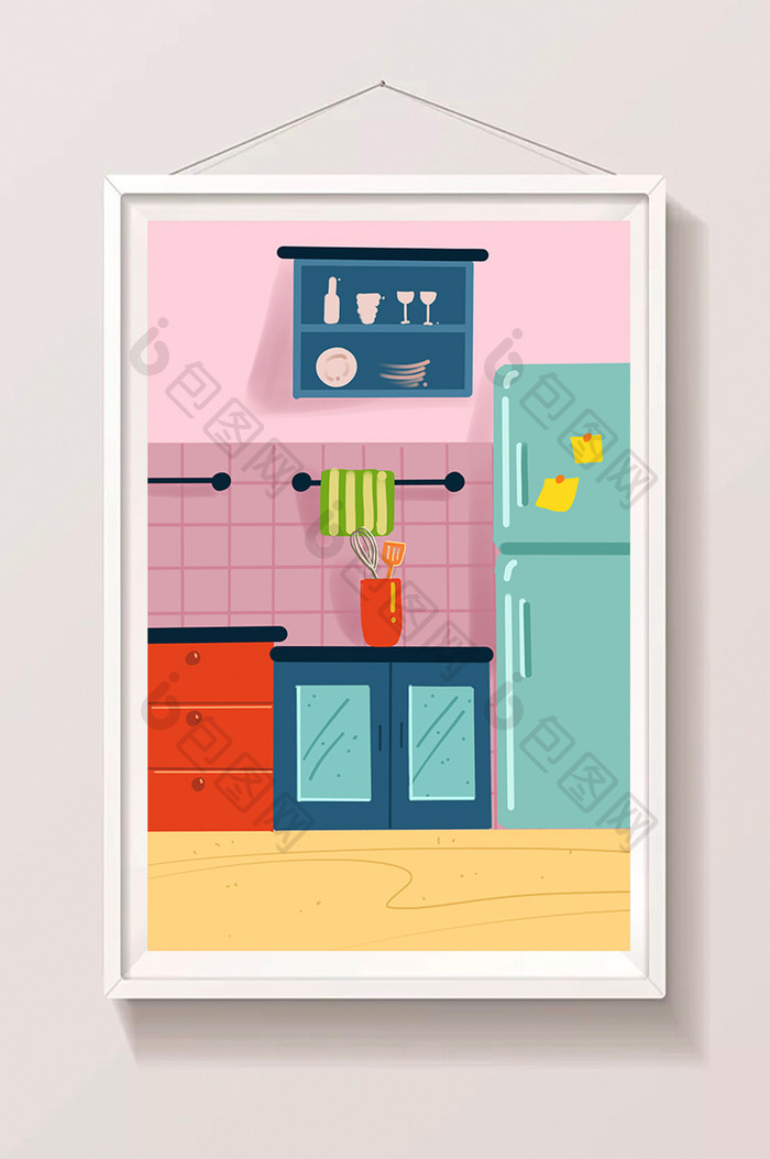 粉色卡通手绘扁平厨房插画背景插画素材