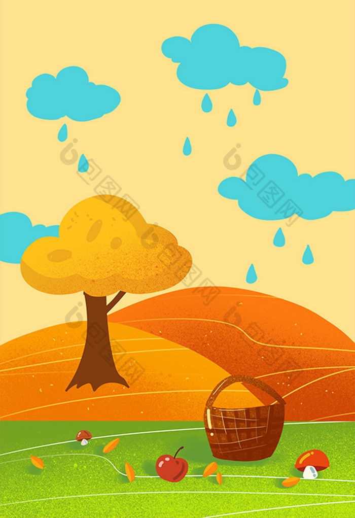 暖色秋日风景手绘插画蘑菇背景插画素材