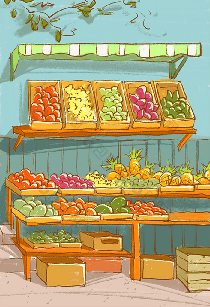 暖色水果店插画插画图片