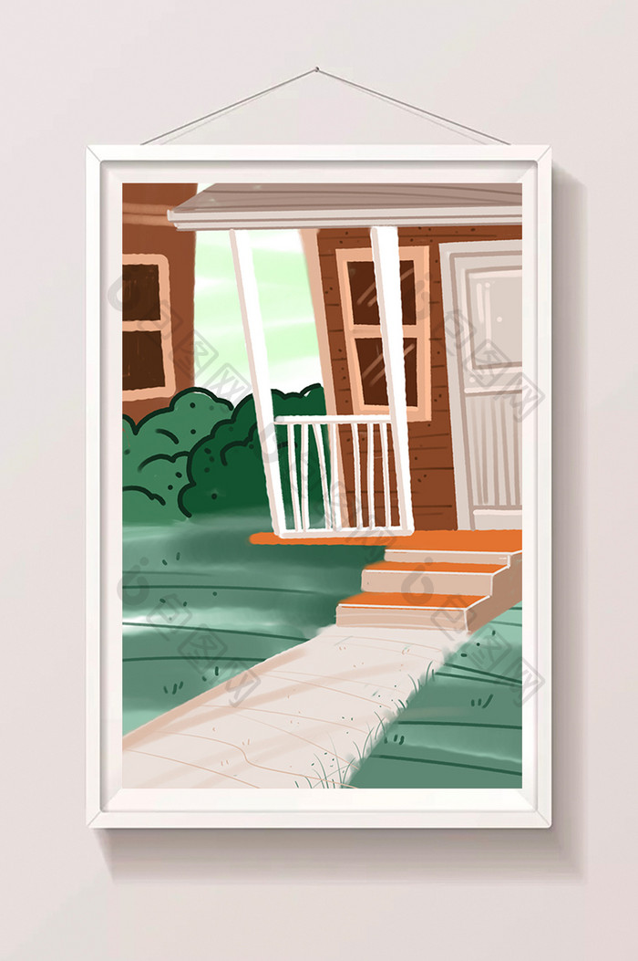 冷色卡通房屋手绘插画庭院背景手绘素材