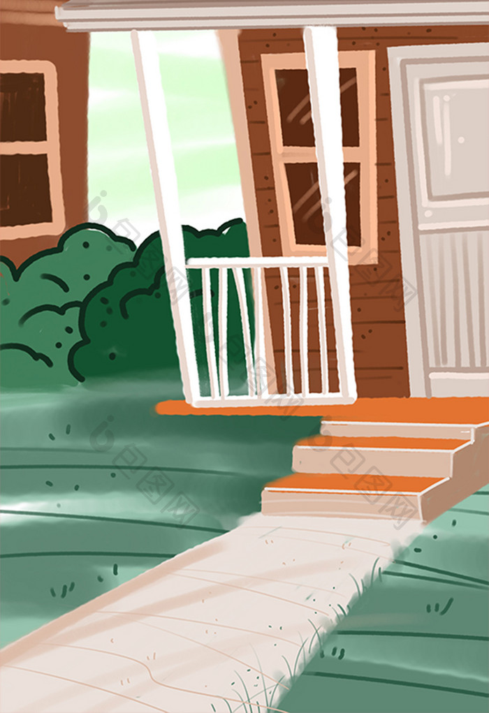 冷色卡通房屋手绘插画庭院背景手绘素材