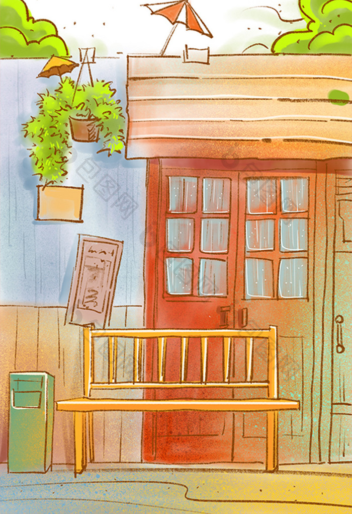 暖色卡通街角长椅手绘插画背景卡通素材