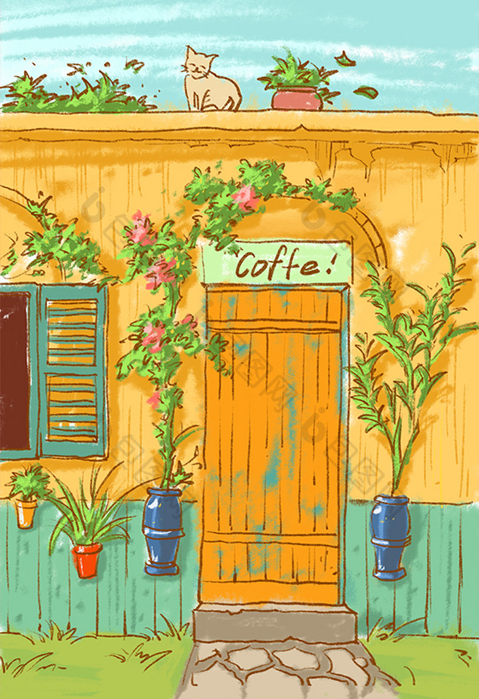 暖色卡通手绘插画咖啡厅插画背景手绘素材