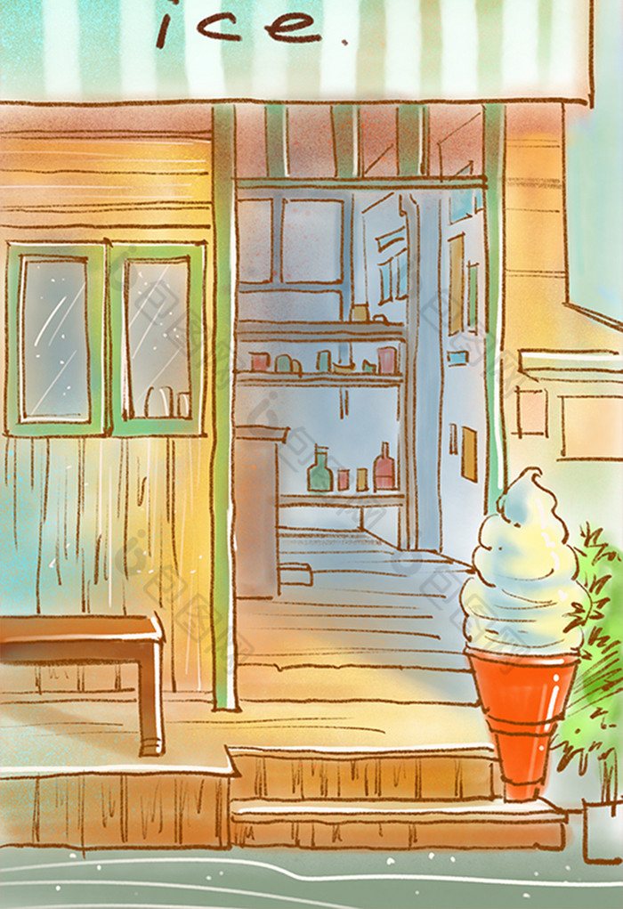 暖色街角冰淇淋店插画图片