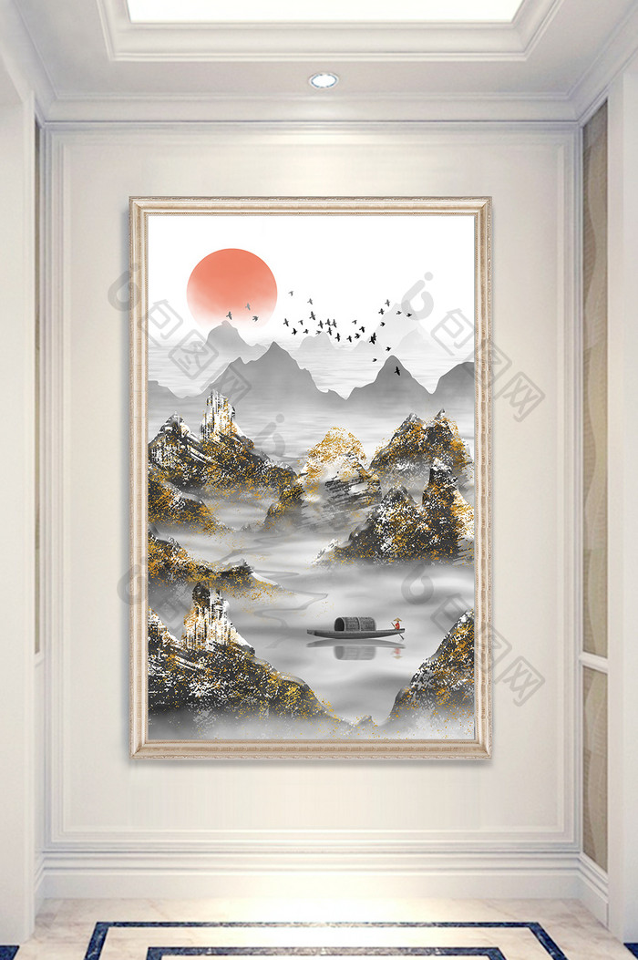 现代中式山水水墨风景玄关装饰画