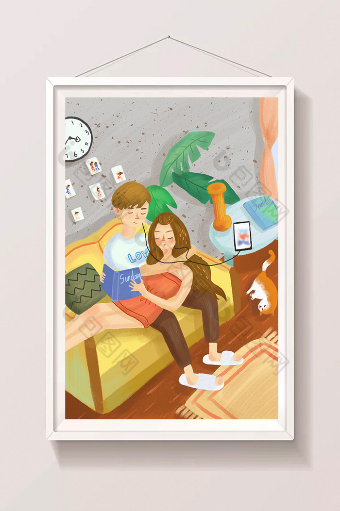 彩色七夕情人节情侣躺沙发插画