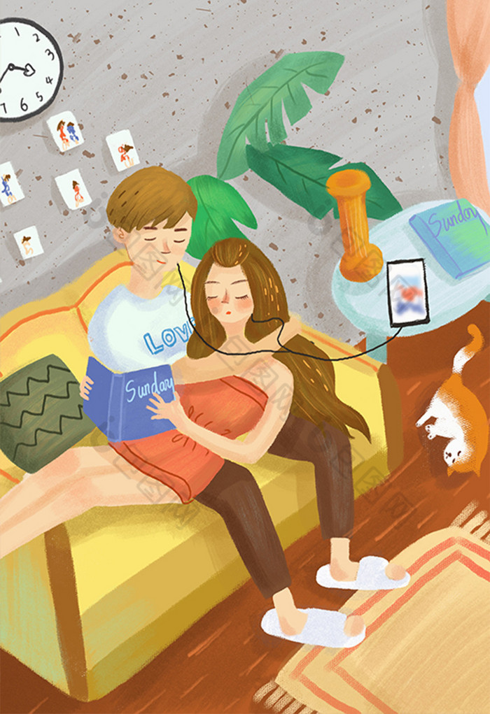 彩色七夕情人节情侣躺沙发插画