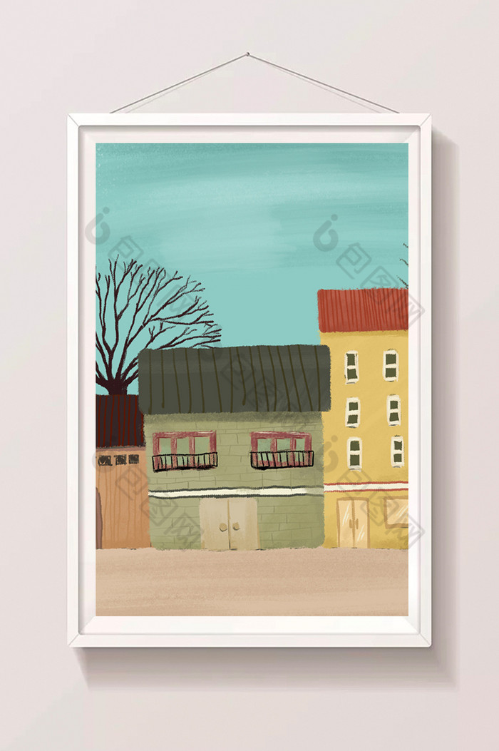 儿童插画小镇上马路边的房子插画图片图片