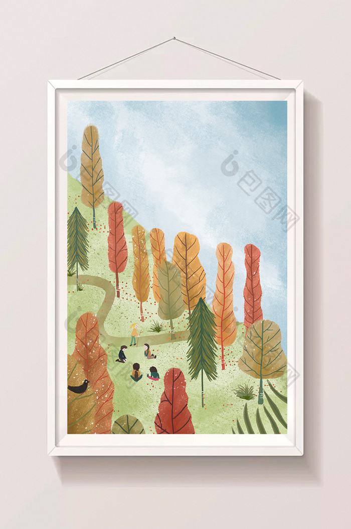 秋天公园树林里玩耍的小朋友手绘插画背景