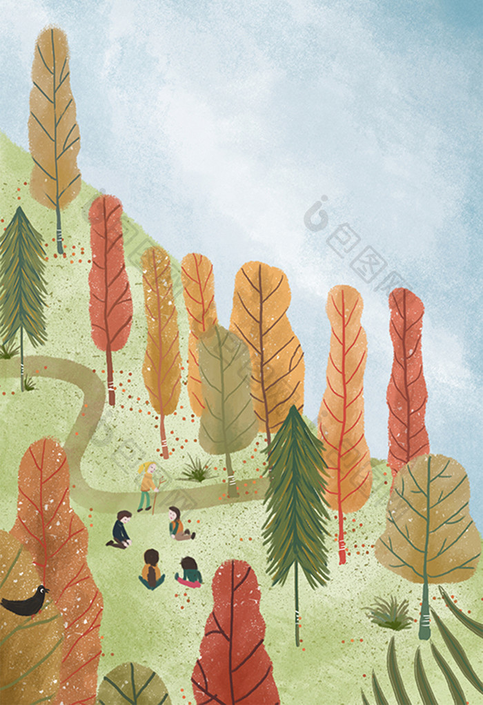 秋天公园树林里玩耍的小朋友手绘插画背景