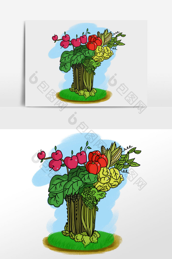 扁平卡通手绘水果蔬菜树插画背景素材