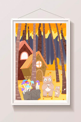 秋季森系风格可爱小熊森林房屋插画图片