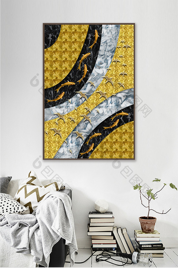 抽象意境金色游鱼装饰画