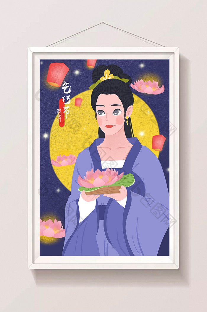 古风小清新乞巧节七夕放花灯古装美女插画