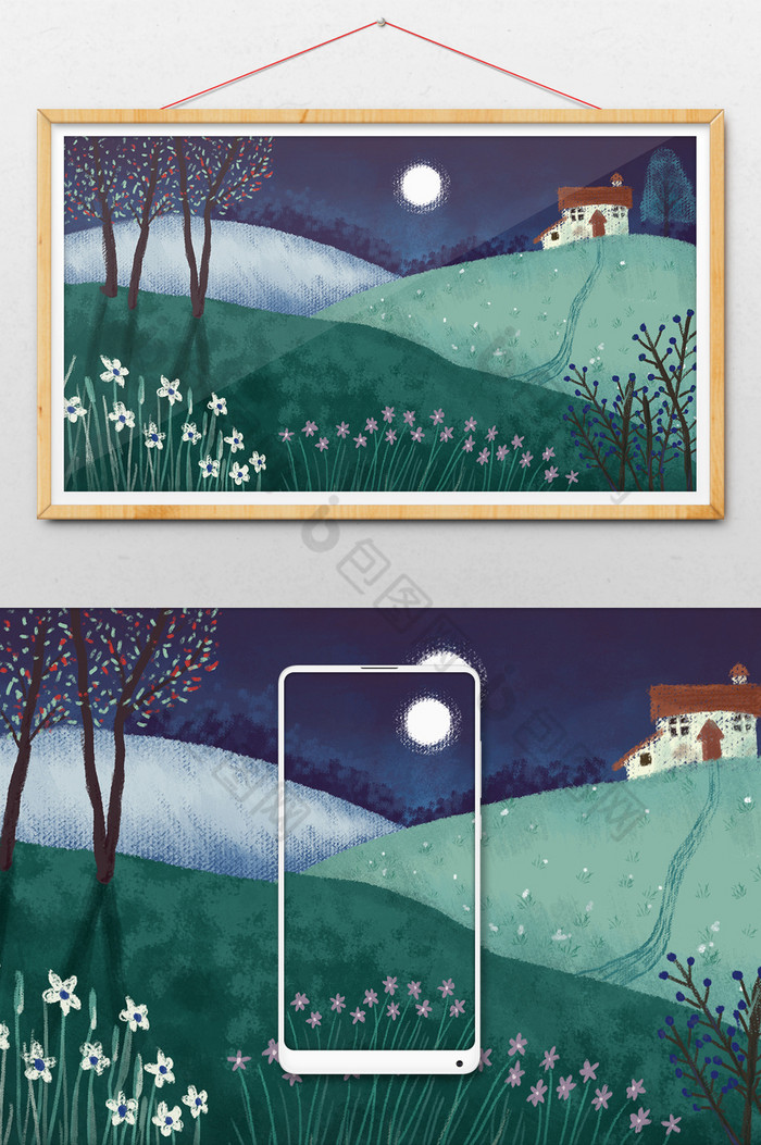 夜晚月亮下的山头小屋插画图片图片