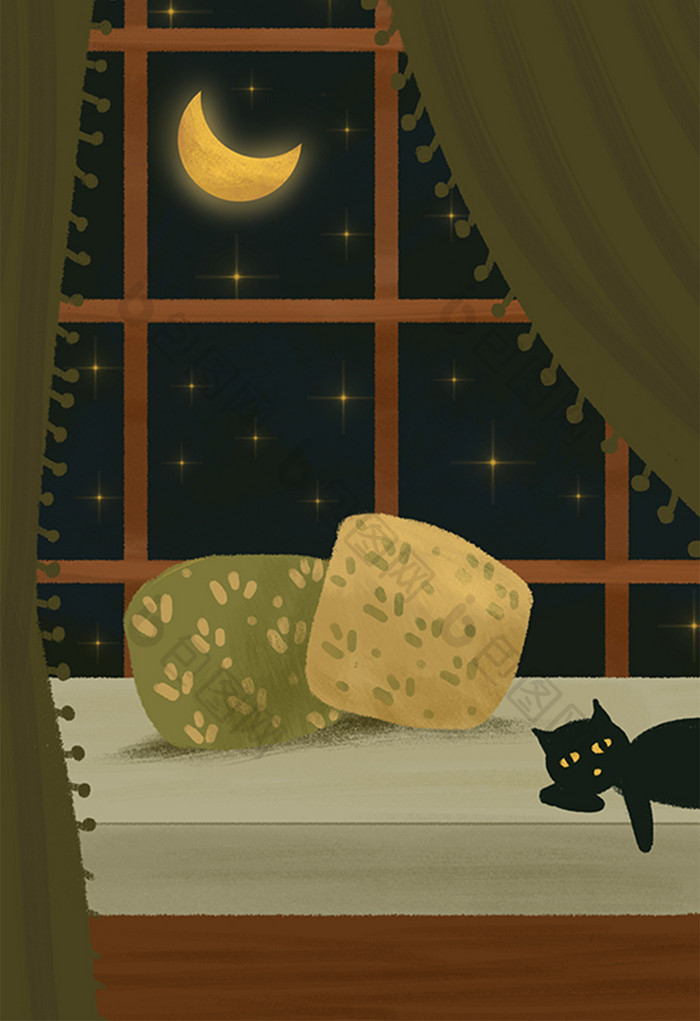 唯美窗外夜晚星空下的月光手绘插画背景