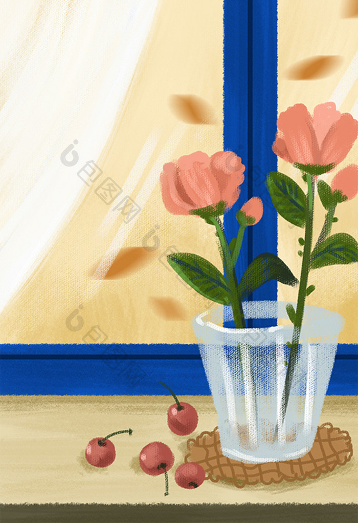小清新窗户边的玫瑰花手绘插画背景