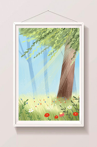 春天森林里的柳树和野花手绘插画背景图片