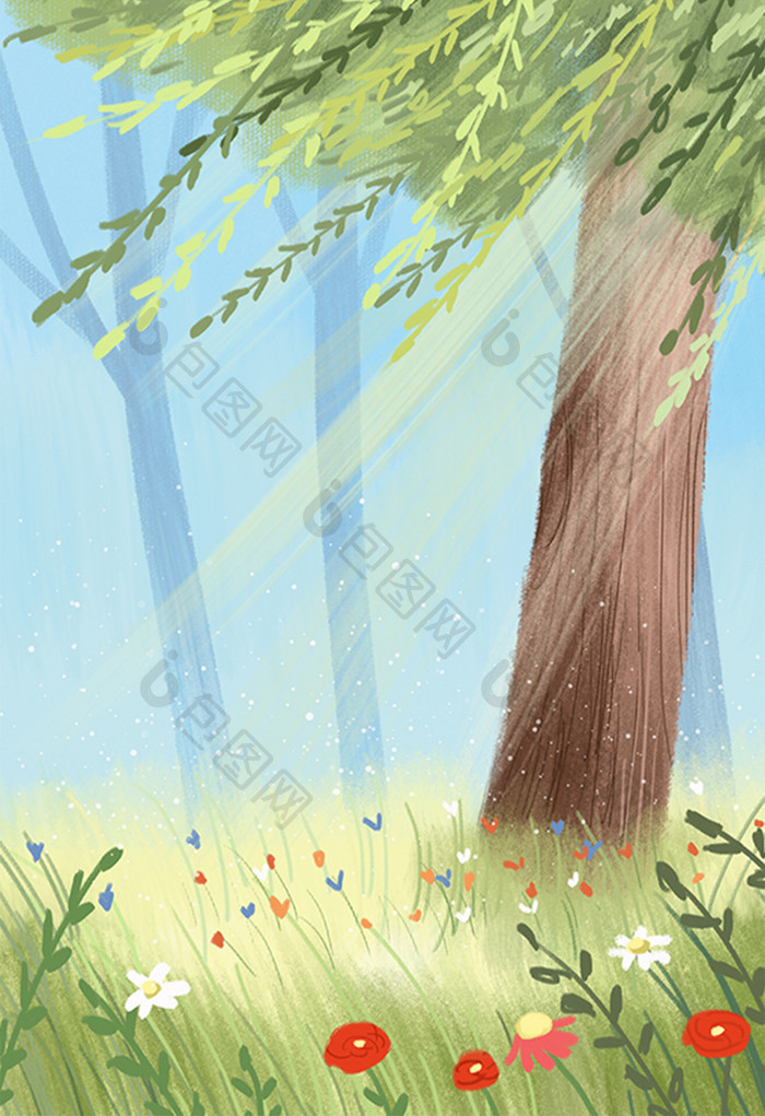 春天森林里的柳树和野花手绘插画背景