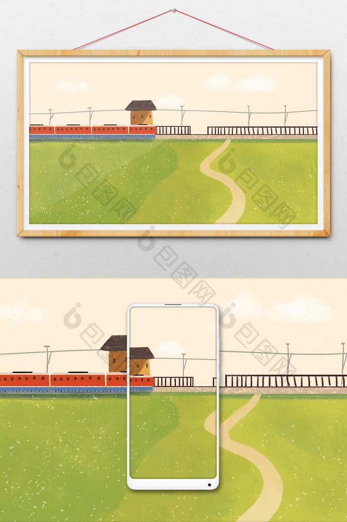 小清新秋天开往远方的火车手绘插画背景