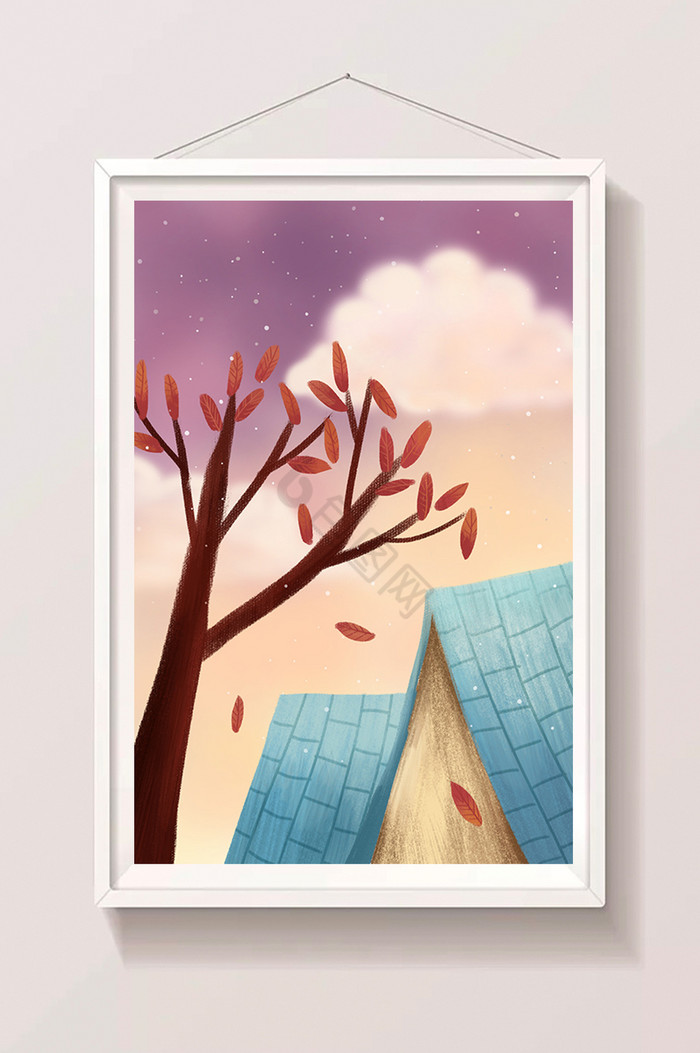 秋天房顶上的树叶插画图片