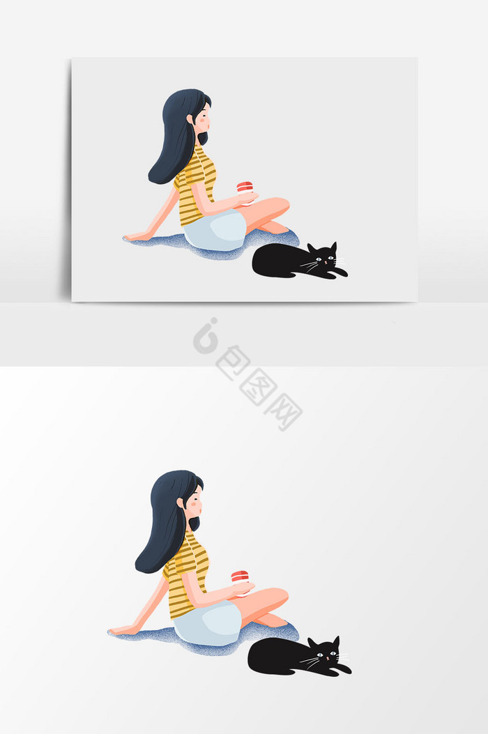 女生侧面黑猫插画图片