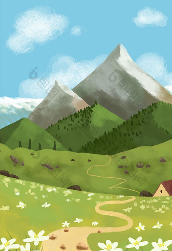 绿色系雪山下的山间小路手绘插画背景
