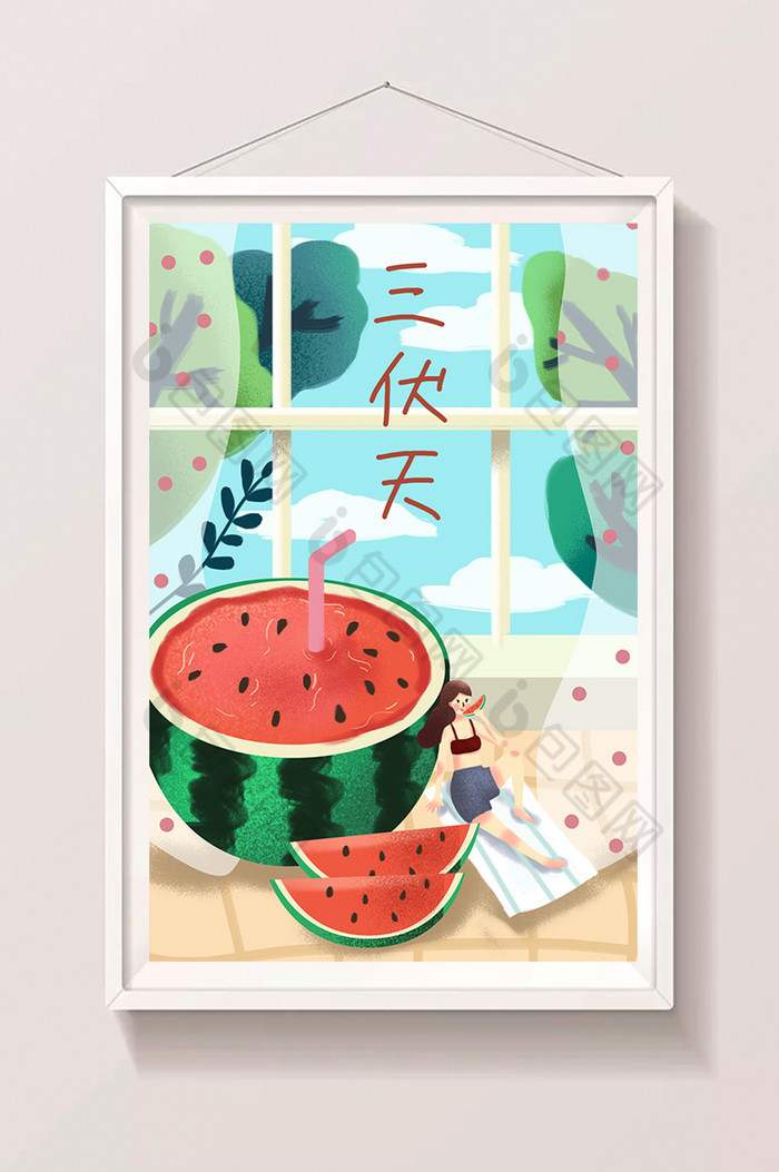 三伏天吃西瓜夏季插画图片