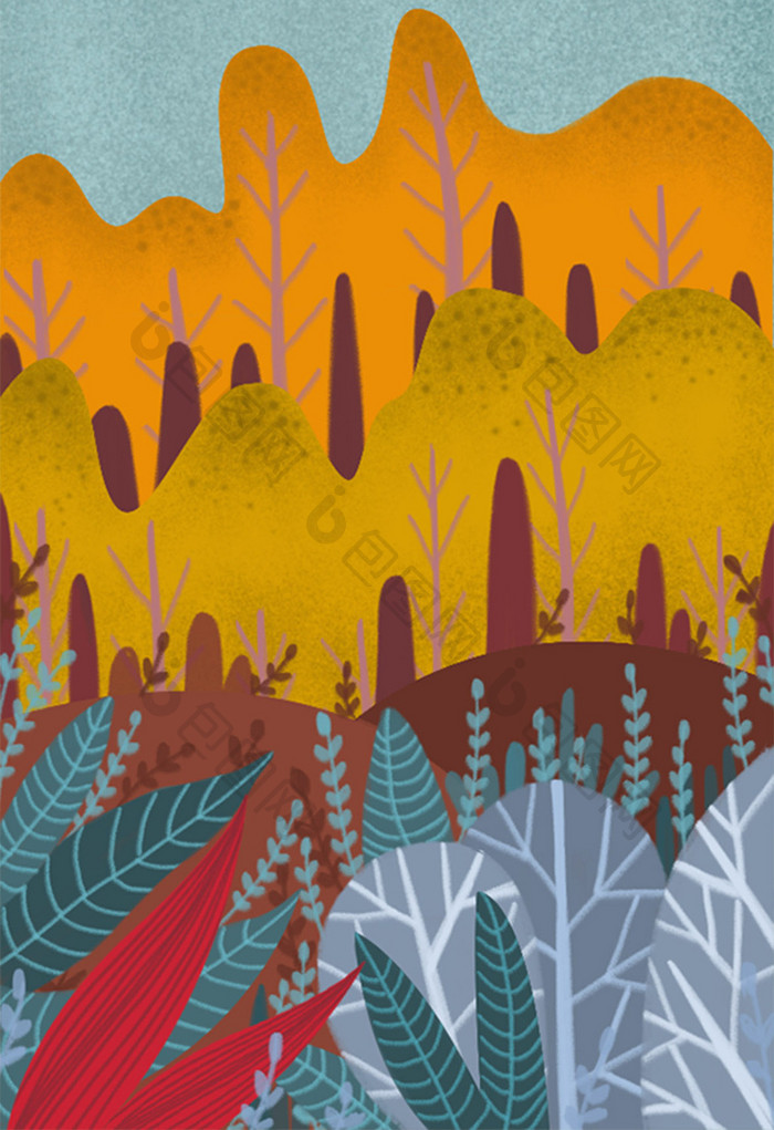 暖系丛林唯美手绘风格竖版插画背景