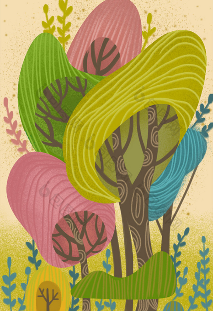 五彩丛林唯美手绘风格竖版插画背景