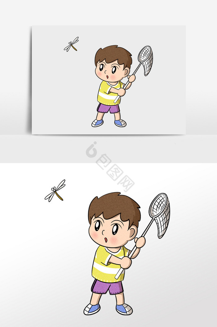 小男孩扑蜻蜓插画图片