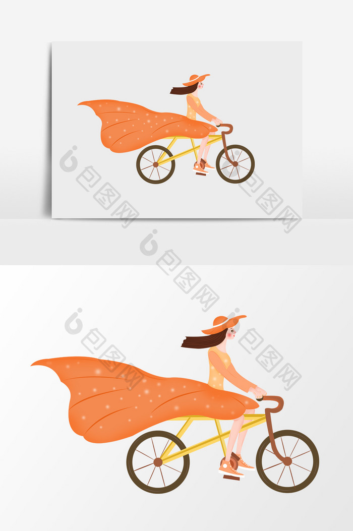 卡通手绘裙子少女骑自行车