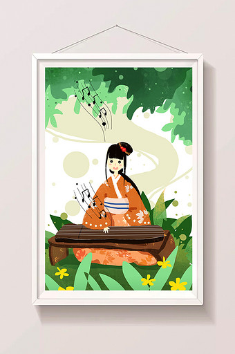 小清新绿色森林系古风古琴传统文化手绘插画图片