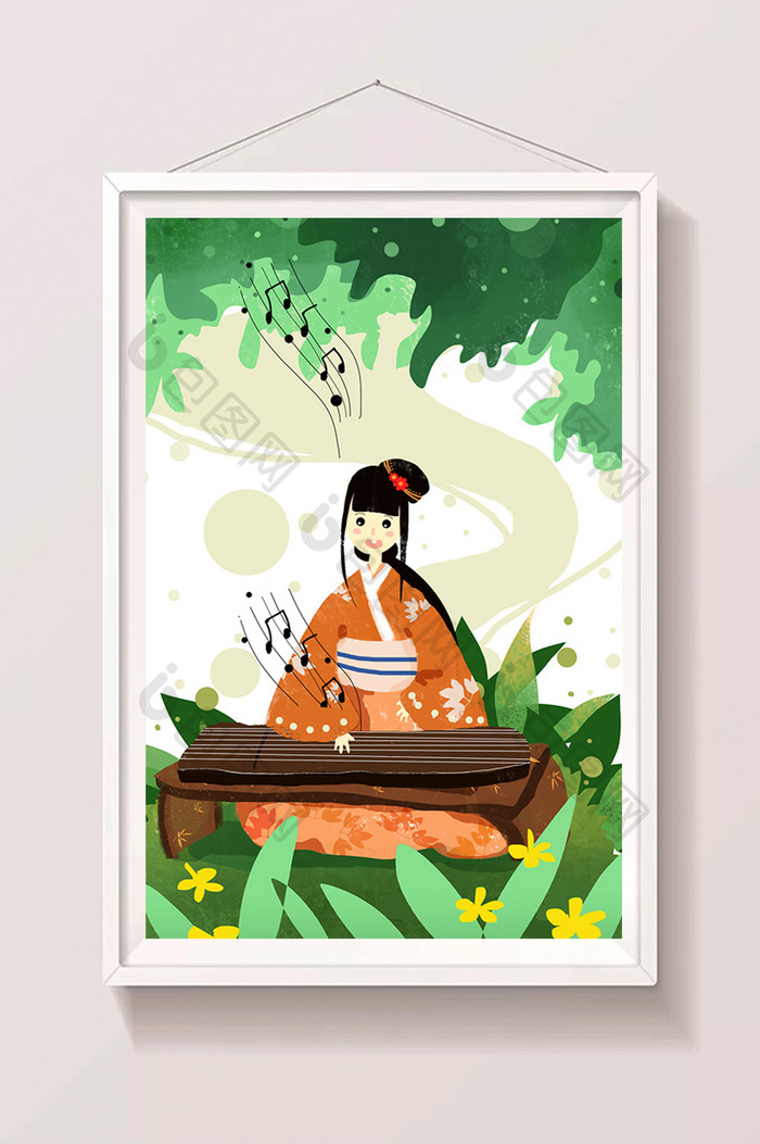 小清新绿色森林系古风古琴传统文化手绘插画