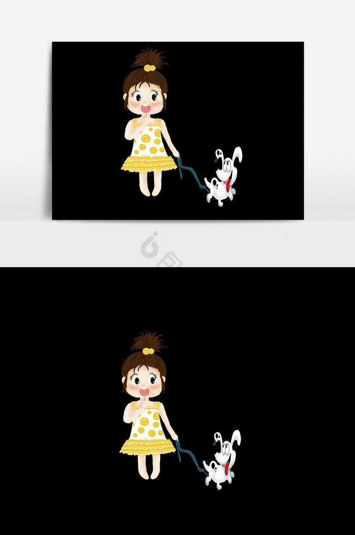 遛狗的女孩插画图片