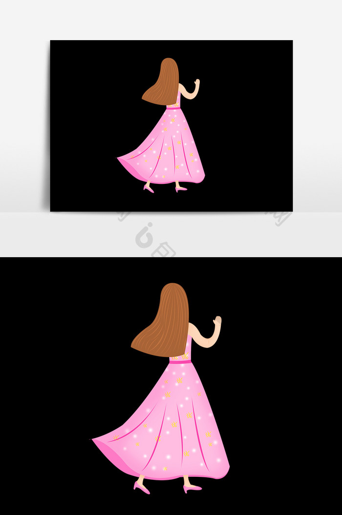 卡通手绘粉色裙子少女背影