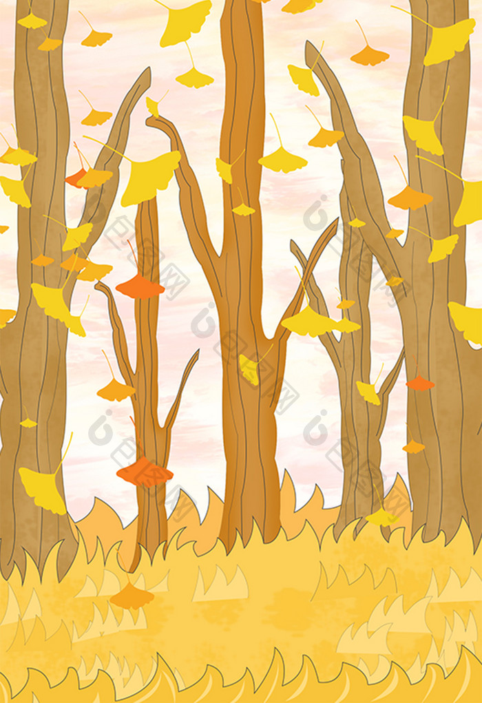 金色秋天落叶树林