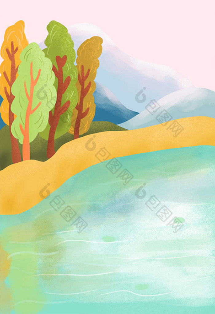 清新传统节气立秋风景山水宣传海报手绘插画