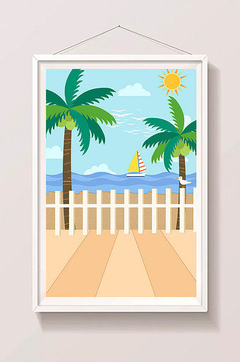 手绘卡通护栏椰树大海海边图片