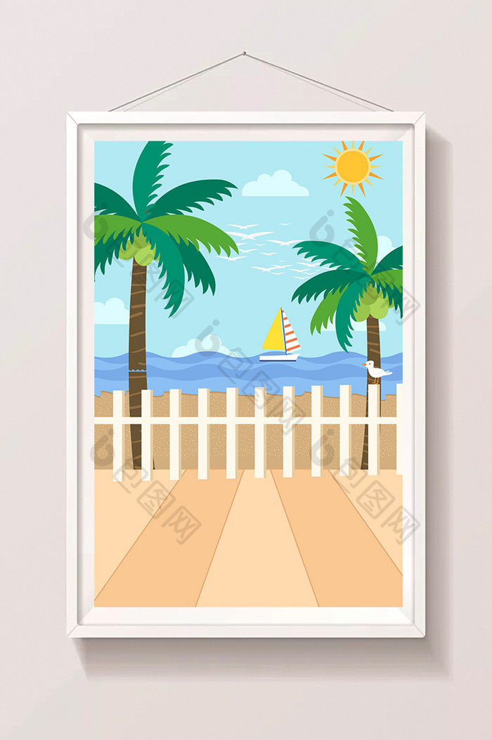 手绘卡通护栏椰树大海海边