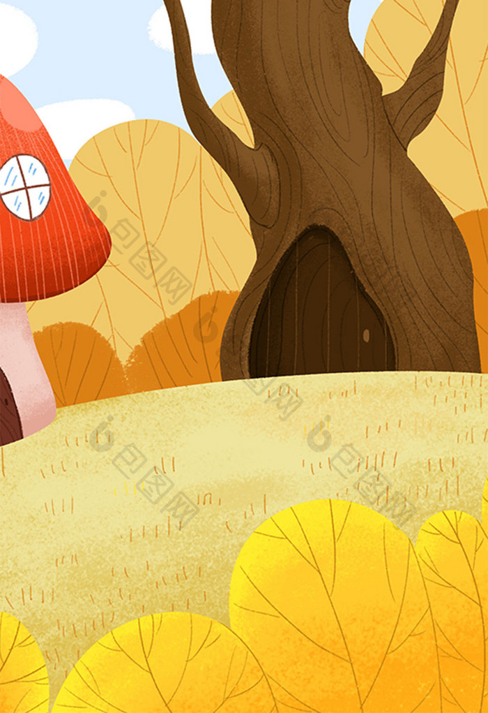 卡通漫画树林中蘑菇房子插画背景
